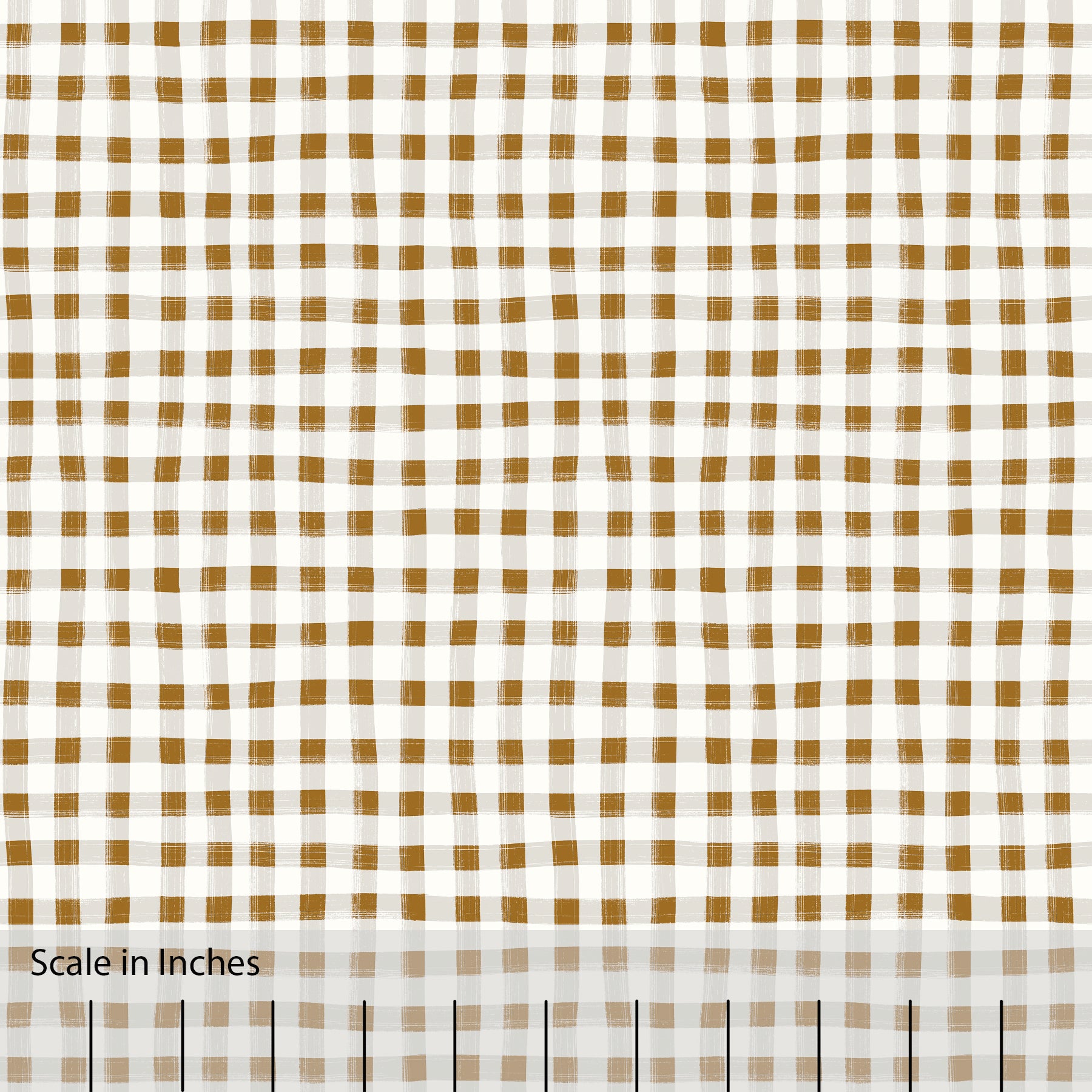 Gingham plaid patterned fabric in brown, gray and off white. There is an inch scale overlaid at the bottom for visual reference.
