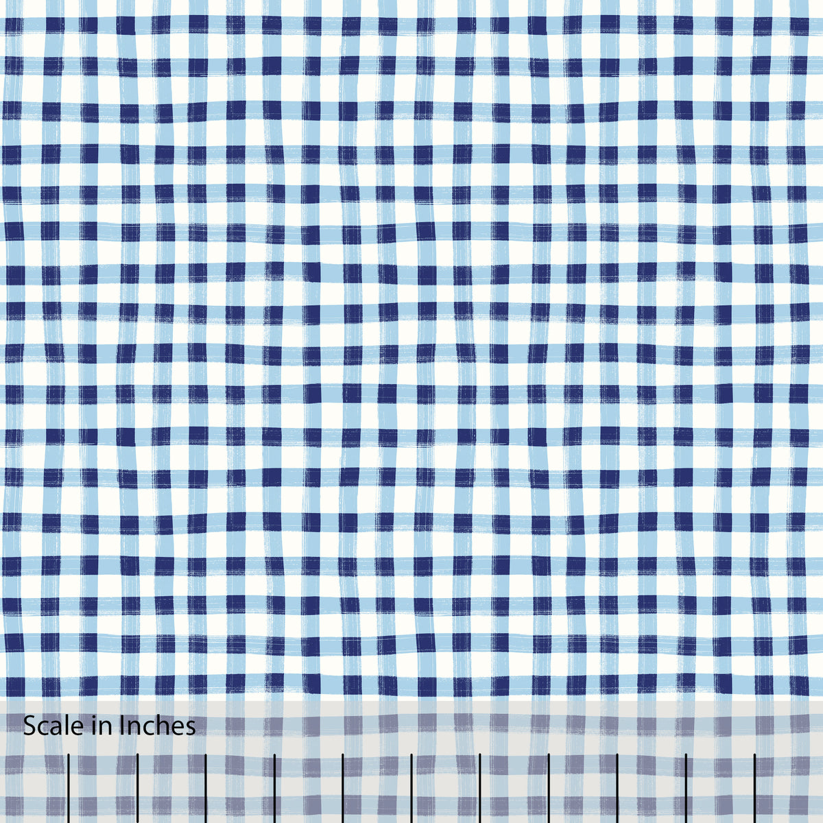 Gingham plaid patterned fabric in cobalt blue and off white. There is an inch scale overlaid at the bottom for visual reference.
