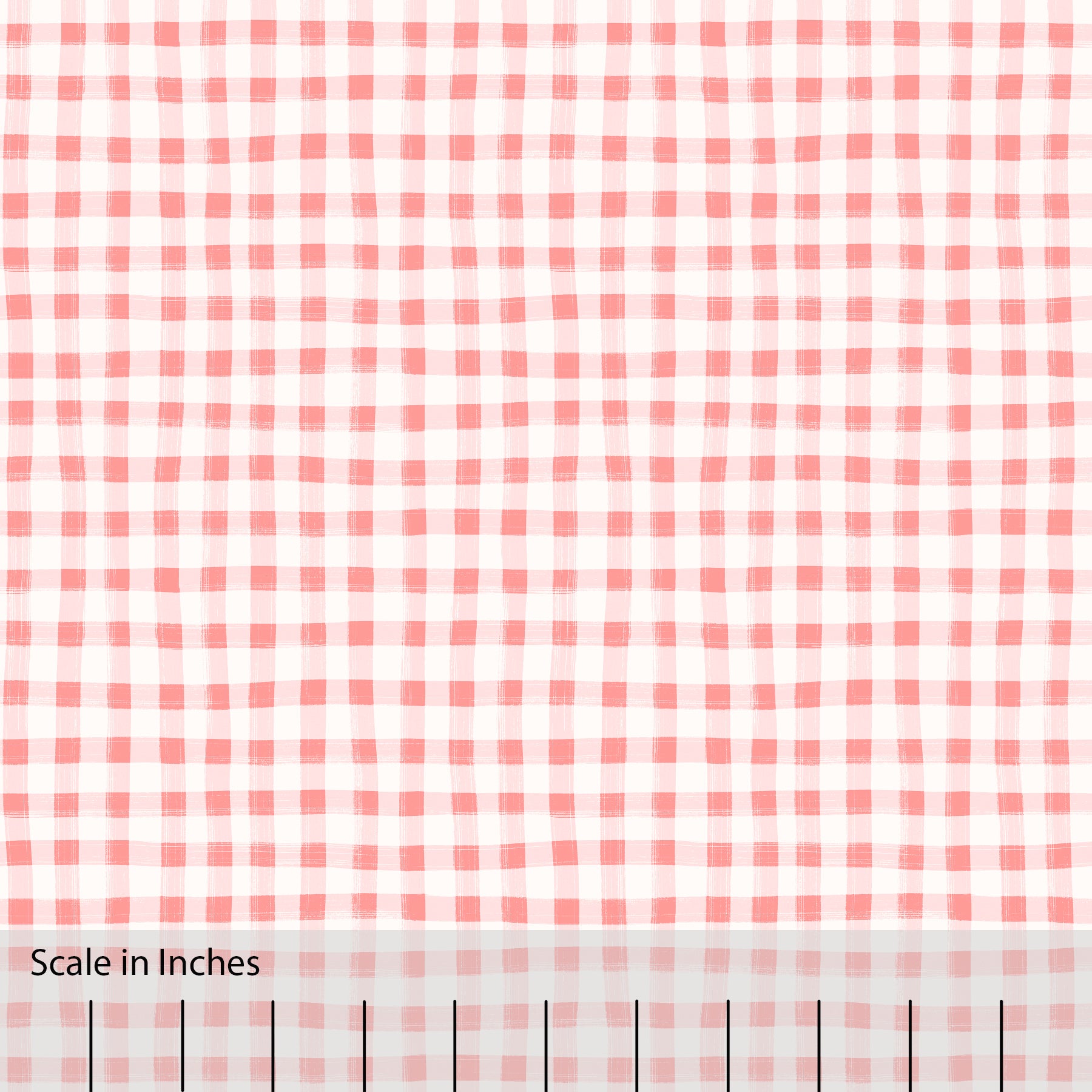 Gingham plaid patterned fabric in coral pink and off white. There is an inch scale overlaid at the bottom for visual reference.