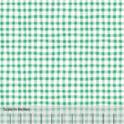 Gingham plaid patterned fabric in kelly green, muted blue and off white. There is an inch scale overlaid at the bottom for visual reference.