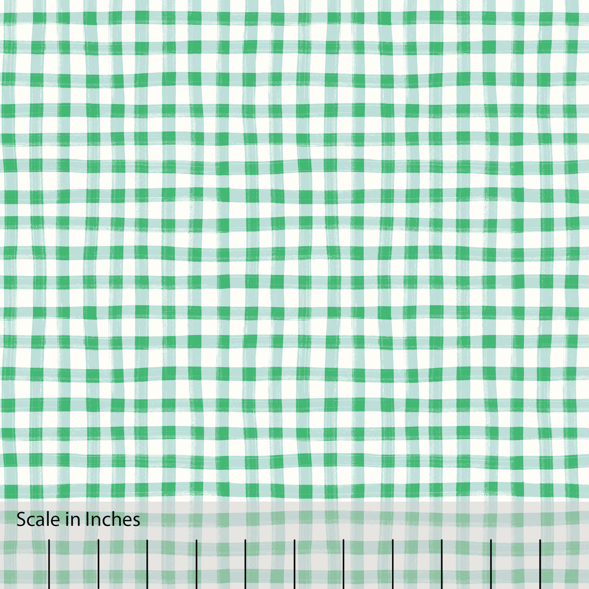 Gingham plaid patterned fabric in kelly green, muted blue and off white. There is an inch scale overlaid at the bottom for visual reference.