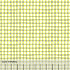 Gingham plaid patterned fabric in neon green, gray and off white. There is an inch scale overlaid at the bottom for visual reference.