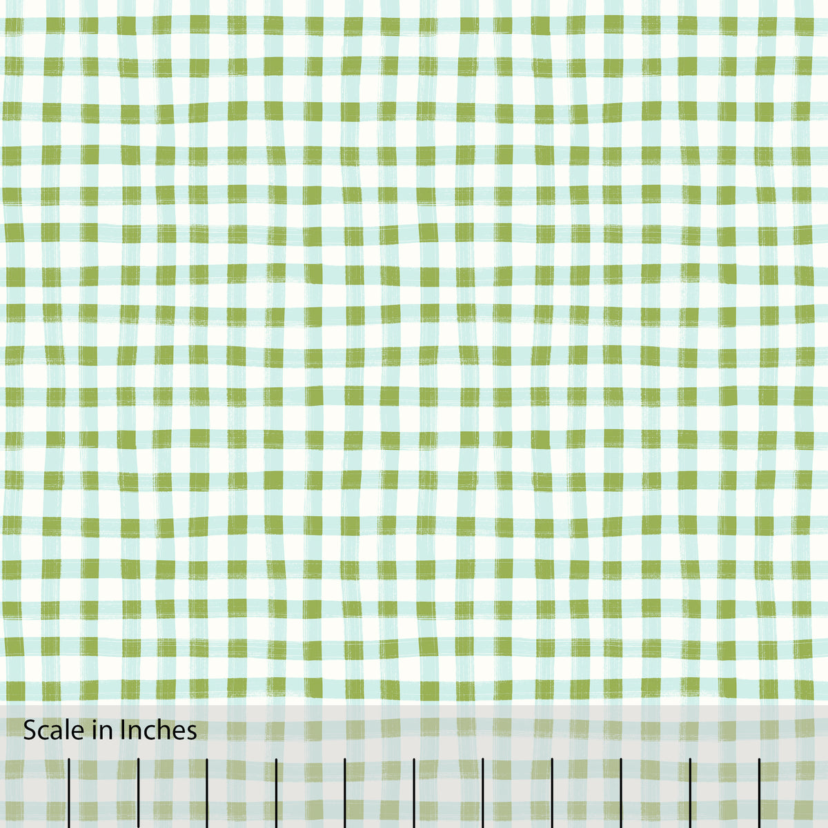 Gingham plaid patterned fabric in olive green, aqua and off white. There is an inch scale overlaid at the bottom for visual reference.