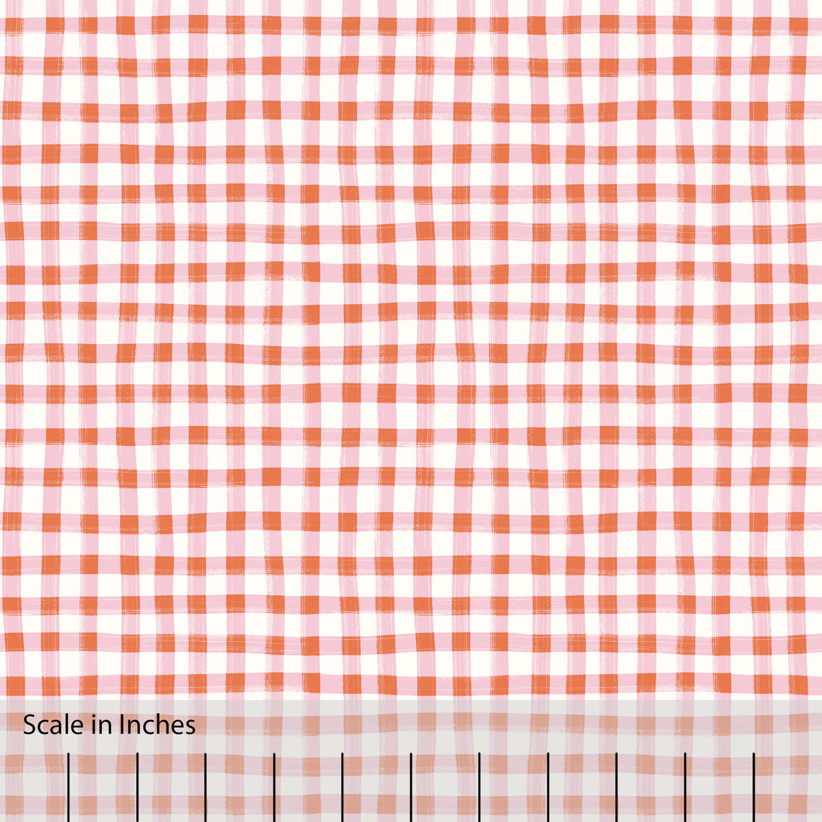 Gingham plaid patterned fabric in orange and pink and off white. There is an inch scale overlaid at the bottom for visual reference.