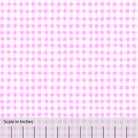 Gingham plaid patterned fabric in radiant orchid and off white. There is an inch scale overlaid at the bottom for visual reference.