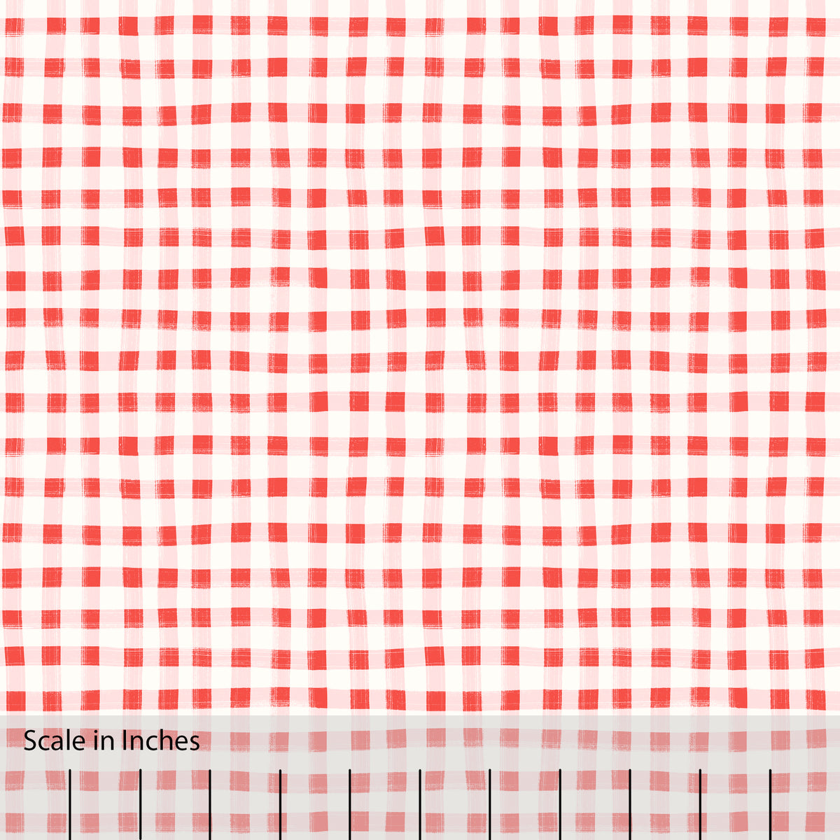 Gingham plaid patterned fabric in red pink, and off white. There is an inch scale overlaid at the bottom for visual reference.
