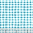 Gingham plaid patterned fabric in turquoise and off white. There is an inch scale overlaid at the bottom for visual reference.