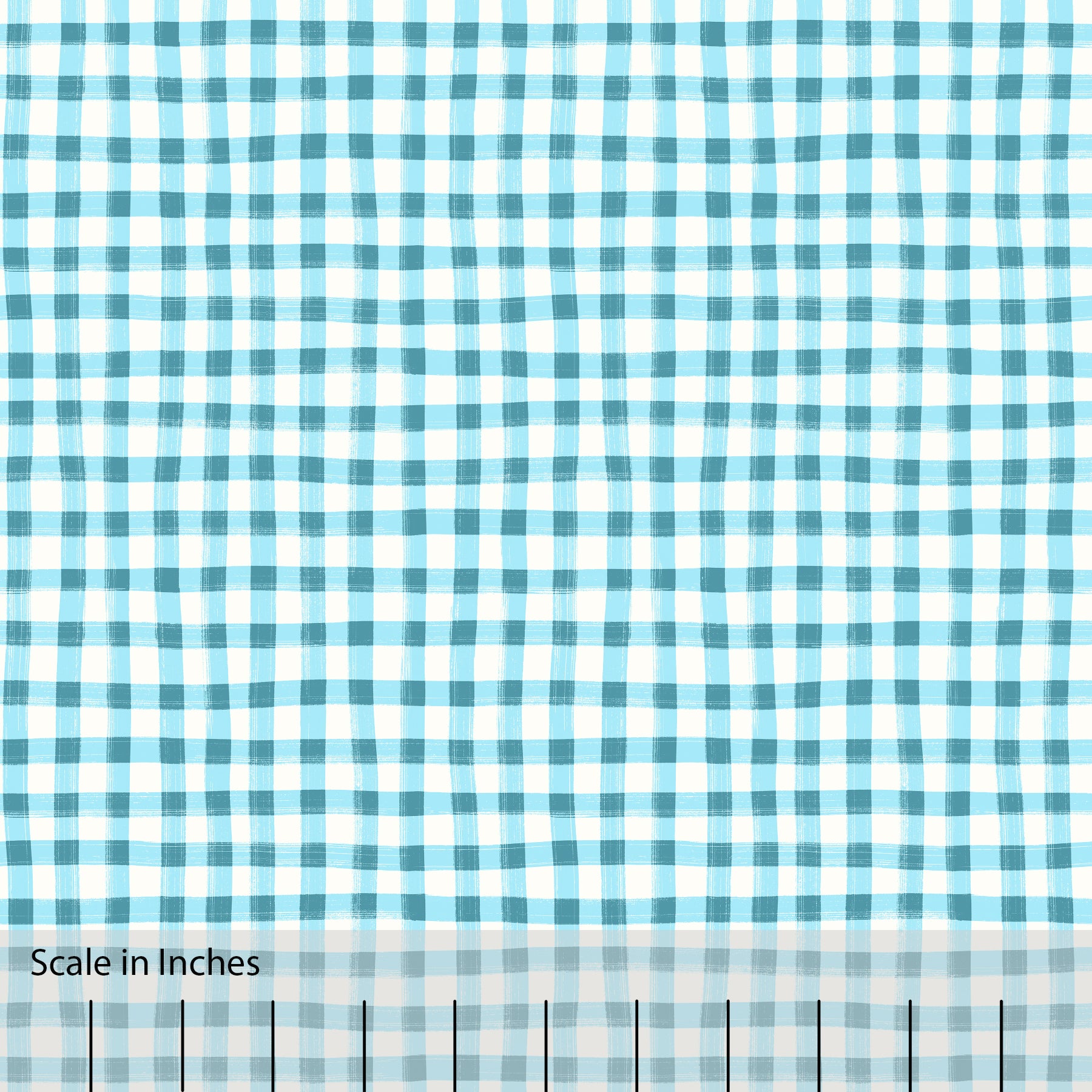 Gingham plaid patterned fabric in turquoise and off white. There is an inch scale overlaid at the bottom for visual reference.