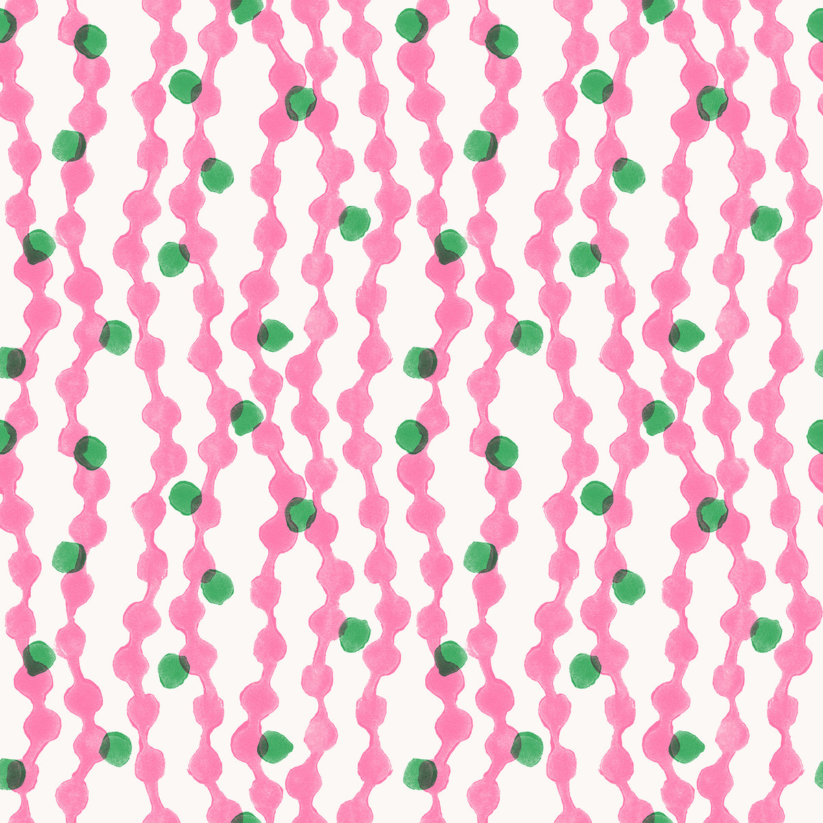 Pattern with pink wavy lines and green dots on a white background