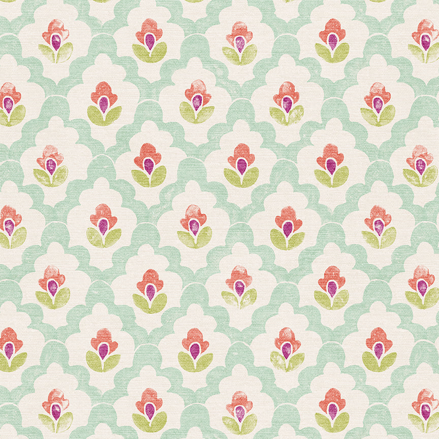 A repeating fabric or wallpaper pattern featuring coral-pink stylized flowers with green leaves on a cream background, overlaid with a mint green trellis design.