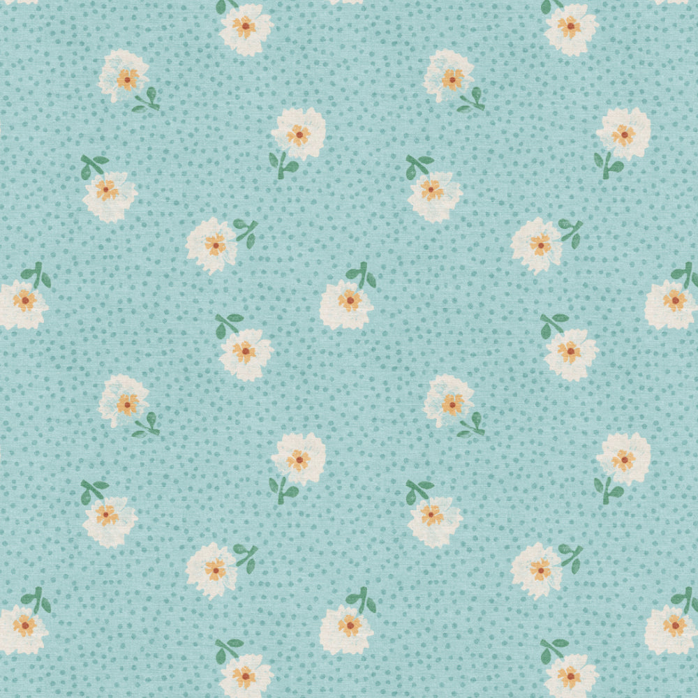 A repeating floral pattern on a light aqua background, featuring small white flowers with yellow centers and green stems, plus a subtle dotted texture throughout.