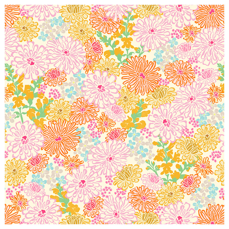 Colorful floral pattern with pink, orange, yellow, and green zinnia flowers on a light background
