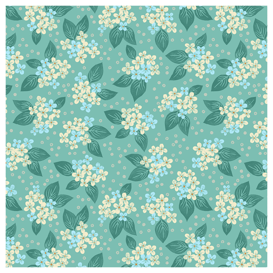 Floral pattern with white and blue hydrangea flowers on a teal background