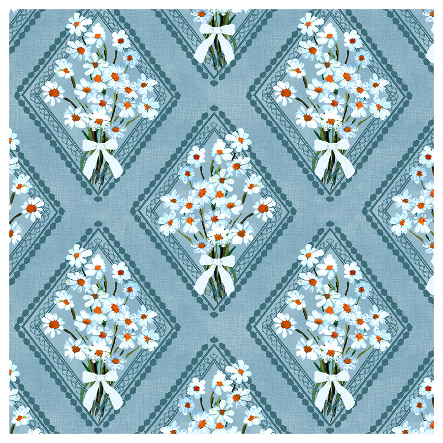 Pattern of white flowers with green leaves and red centers arranged in diamond shapes on a blue background.