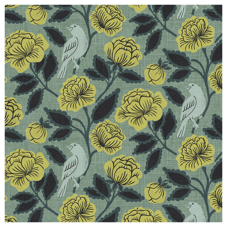 Pattern of yellow flowers and birds on a green background