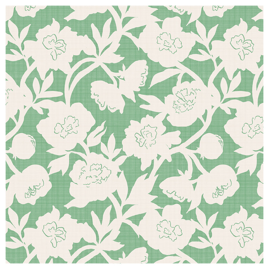 White silhouetted peony flowers on a textured green background