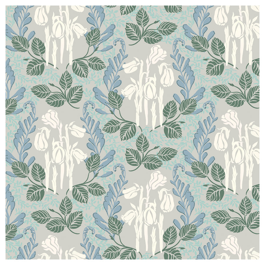 Floral pattern with white ghost pipes and green leaves on a light blue background. The layout is a damask