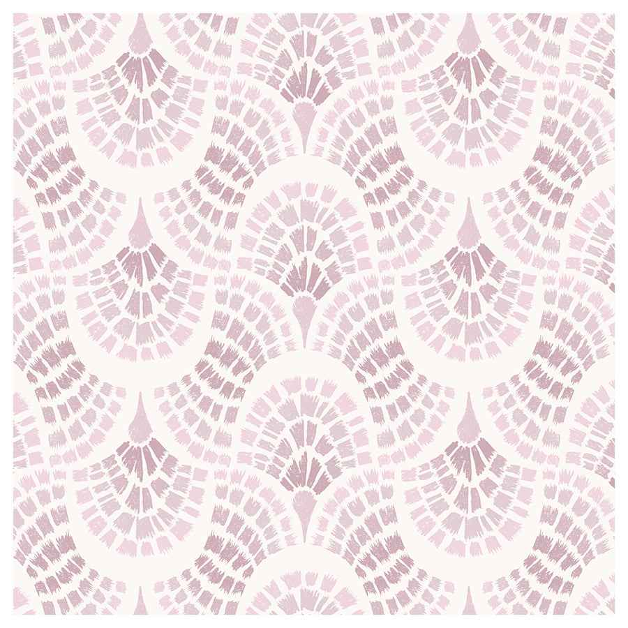 Pink geometric pattern with interlocking and undulating scallops on a white background