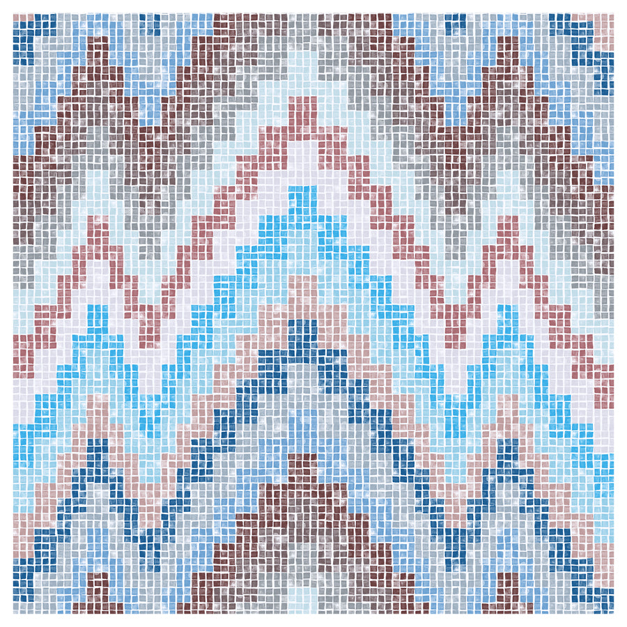 Mosaic pattern with blue and brown squares arranged in a flame stitch, bargello pattern