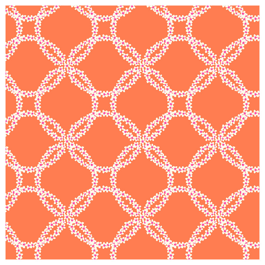 Pattern of interlocking oval shapes on an orange background. the ovals are made up of tiny flowers