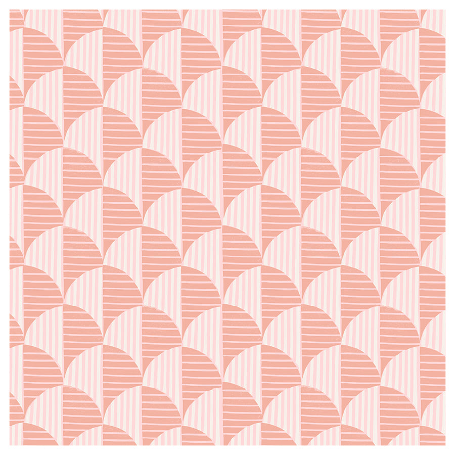 Patterned fabric striped scallops in pink and peach and off white