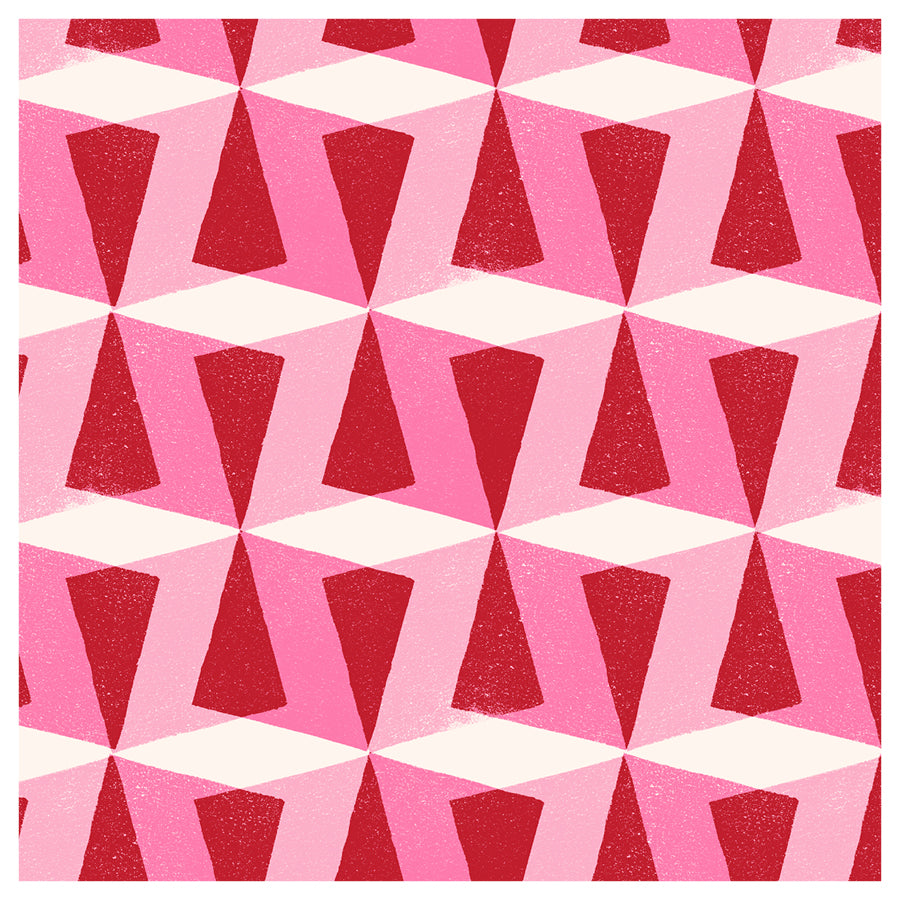 Geometric pattern with pink and red overlapping squares with transparency on a white background