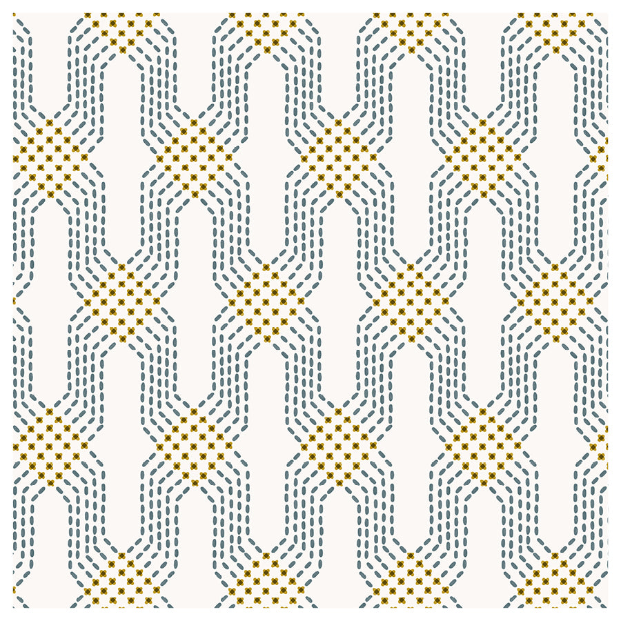 Geometric pattern with interlocking shapes in gold and gray on a white background