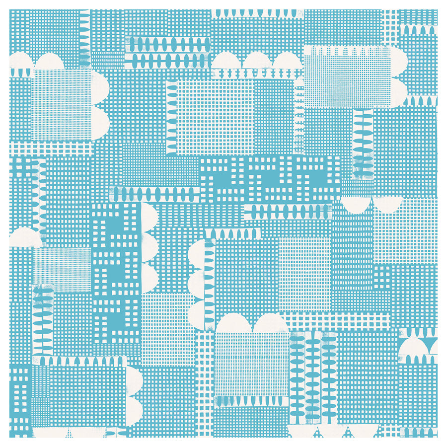 Pattern of blue and white geometric and geometric grid shapes on a blue background