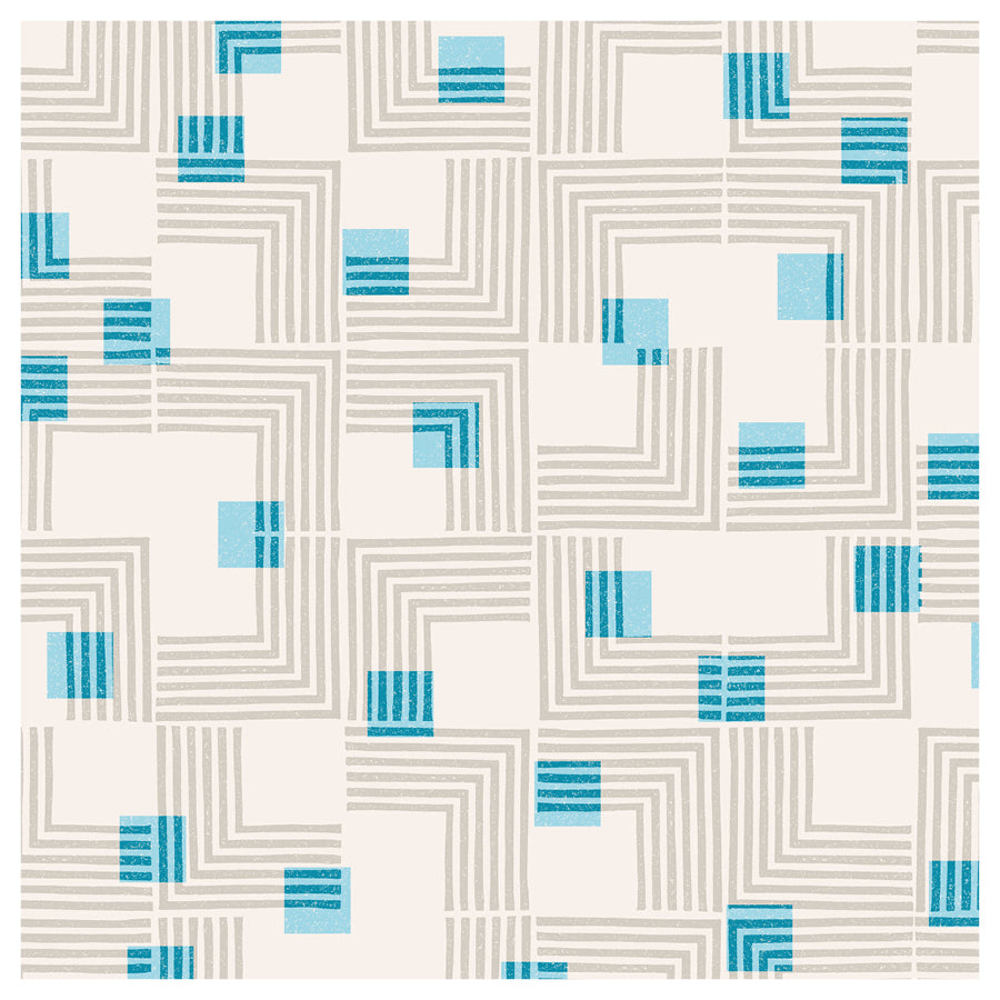 Geometric pattern with blue squares on a white background. The pattern has square shaped grooved lines and overlapping squares with a transparent appearance.