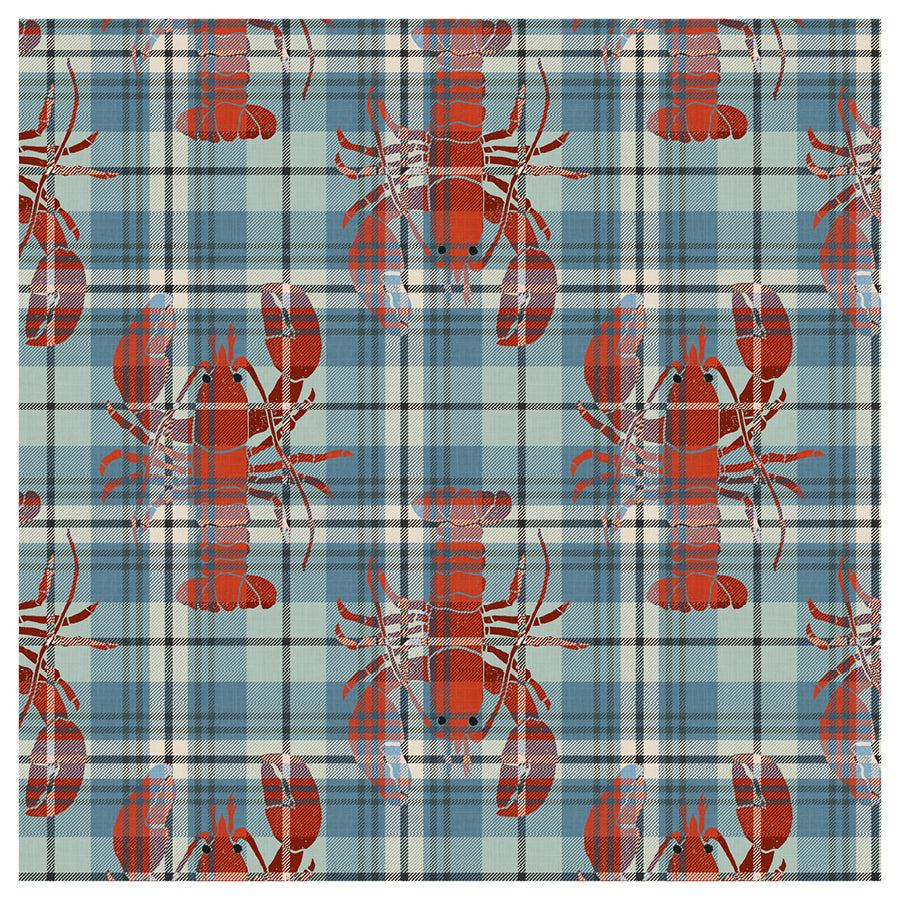 Pattern of red lobsters on a blue and white plaid background