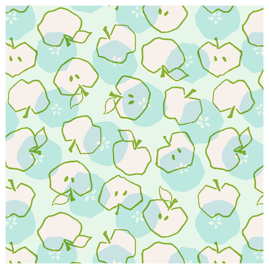 Pattern of stylized apples on a light blue background
