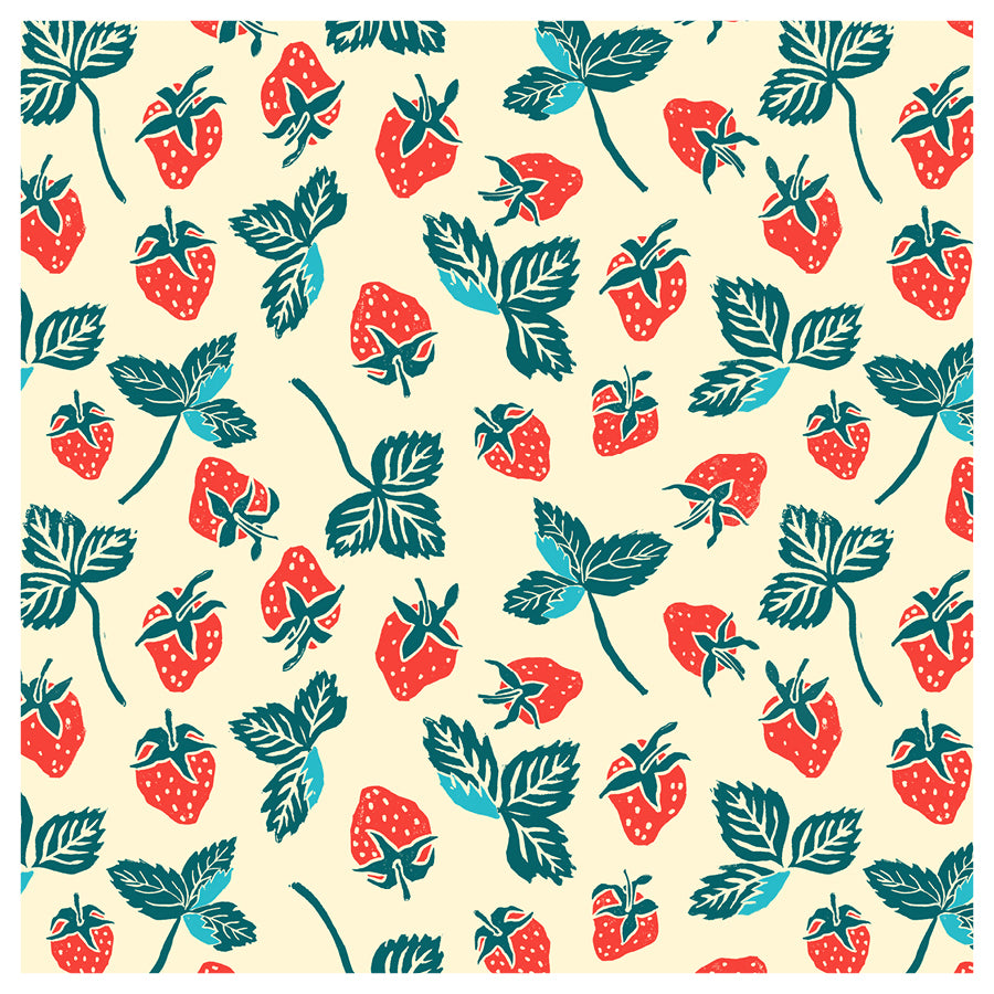 Pattern of red strawberries and green leaves on a beige background