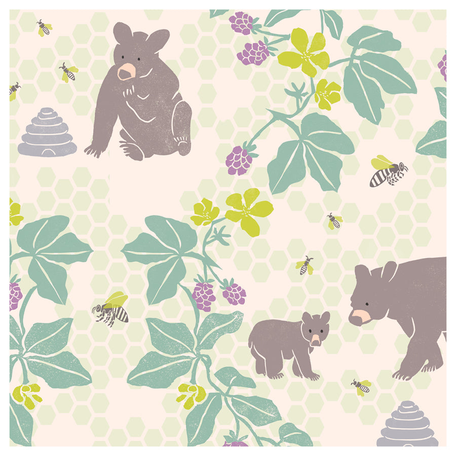 Pattern with bears, leaves, and flowers on a light background