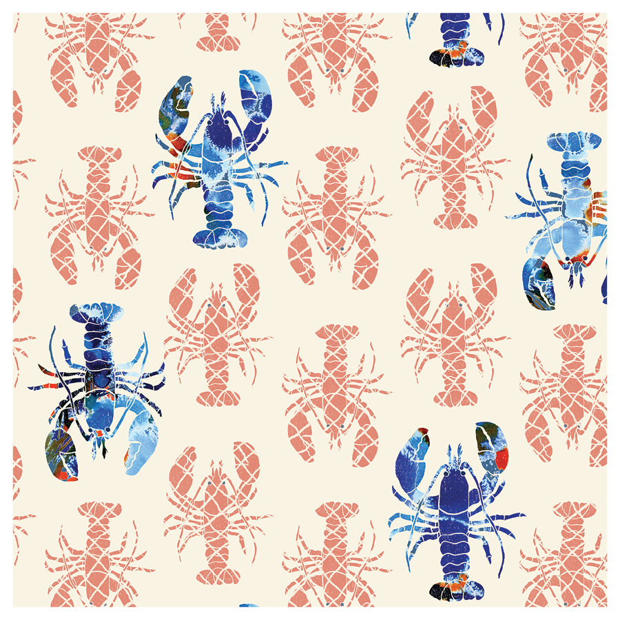 Pattern of blue and pink lobsters on a beige background