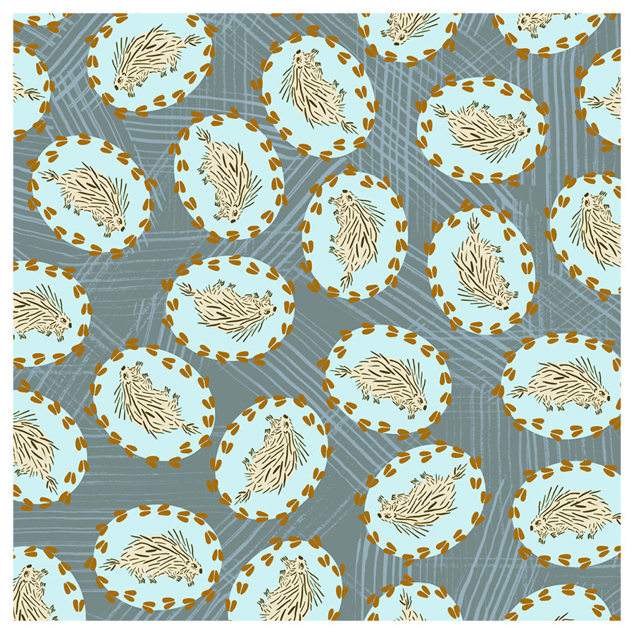 Pattern of hedgehogs in circular frames on a blue and gray background