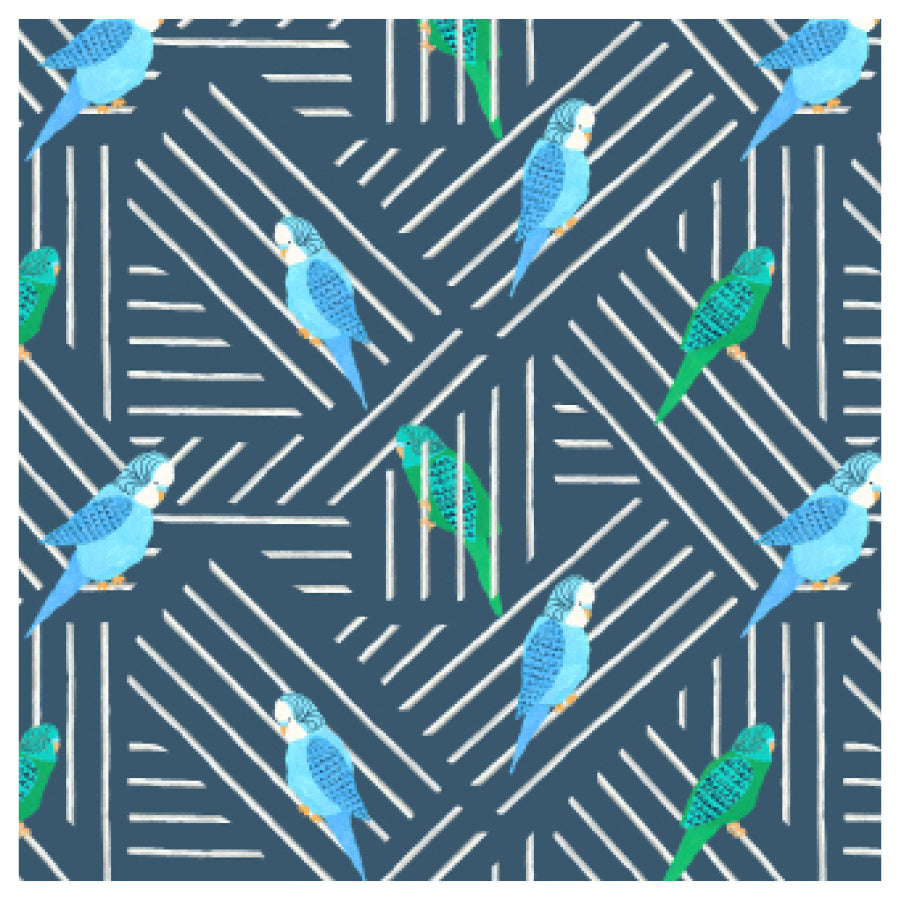Pattern of blue and green parakeets on a dark blue background with white lines.