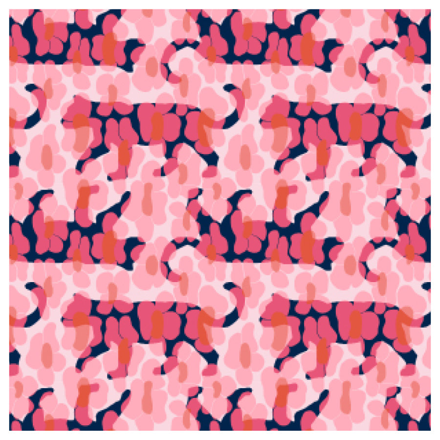 Pattern of pink and orange abstract floral leopard spots  on a blue leopard with a soft pink background