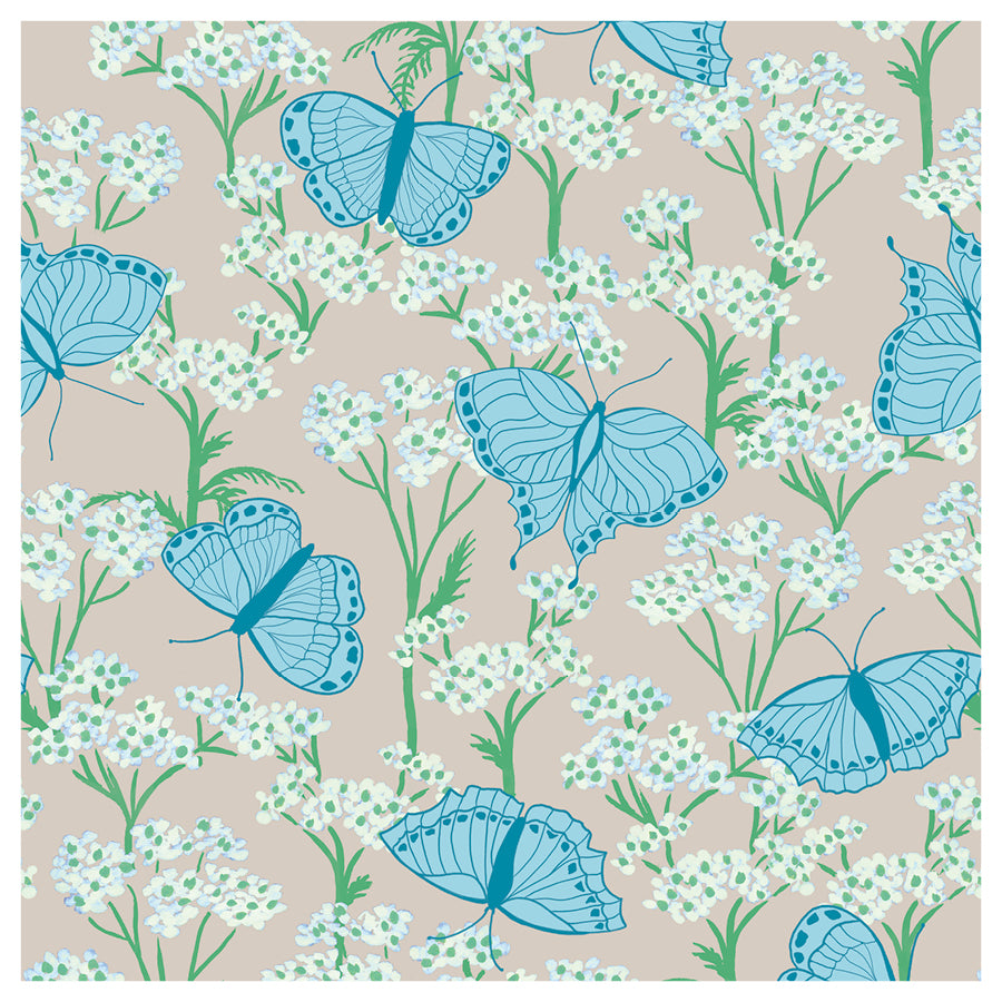 Pattern of blue butterflies and white flowers on a beige background
