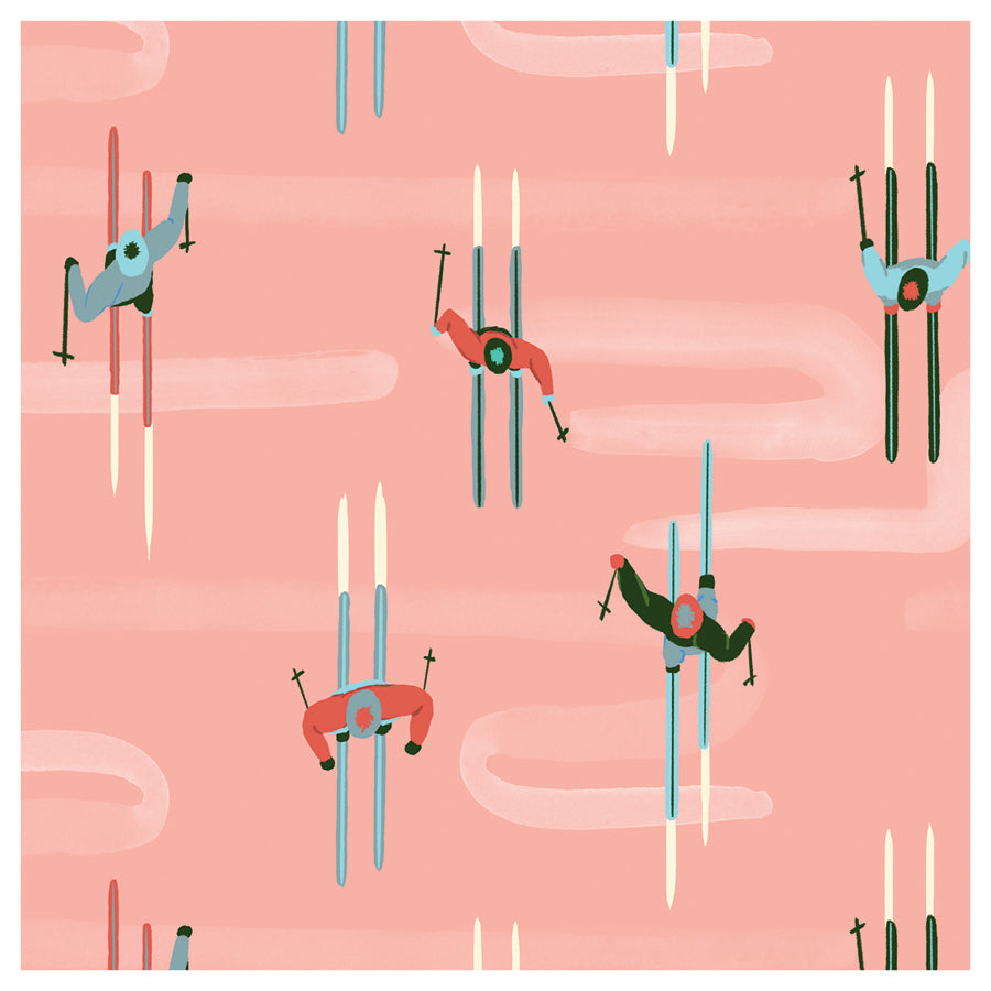 Illustration of people cross country skiing on swishes of snow against a pink background