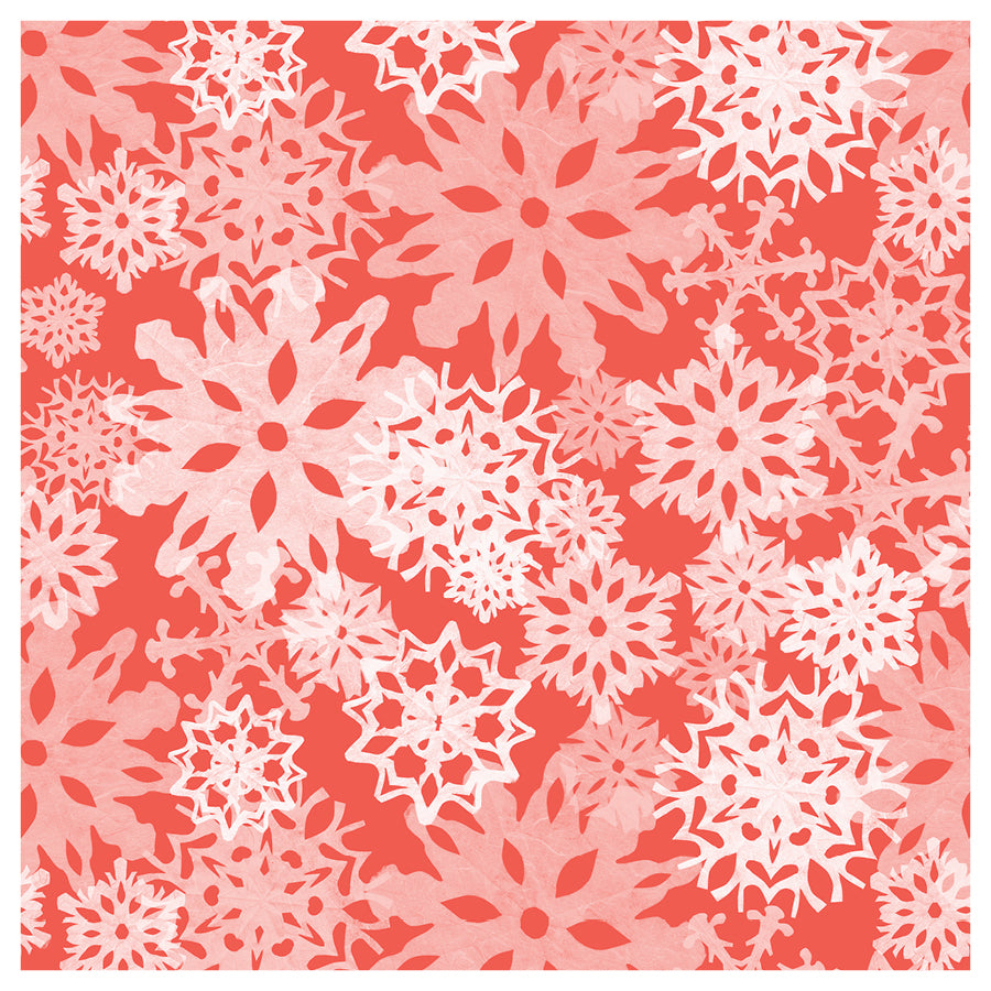 Pattern of white snowflakes on a coral background