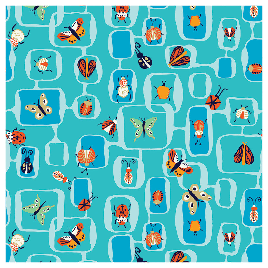 Pattern of colorful insects on a blue background