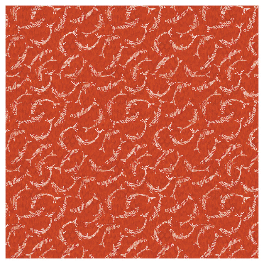Pattern of white fish outlines on a red background