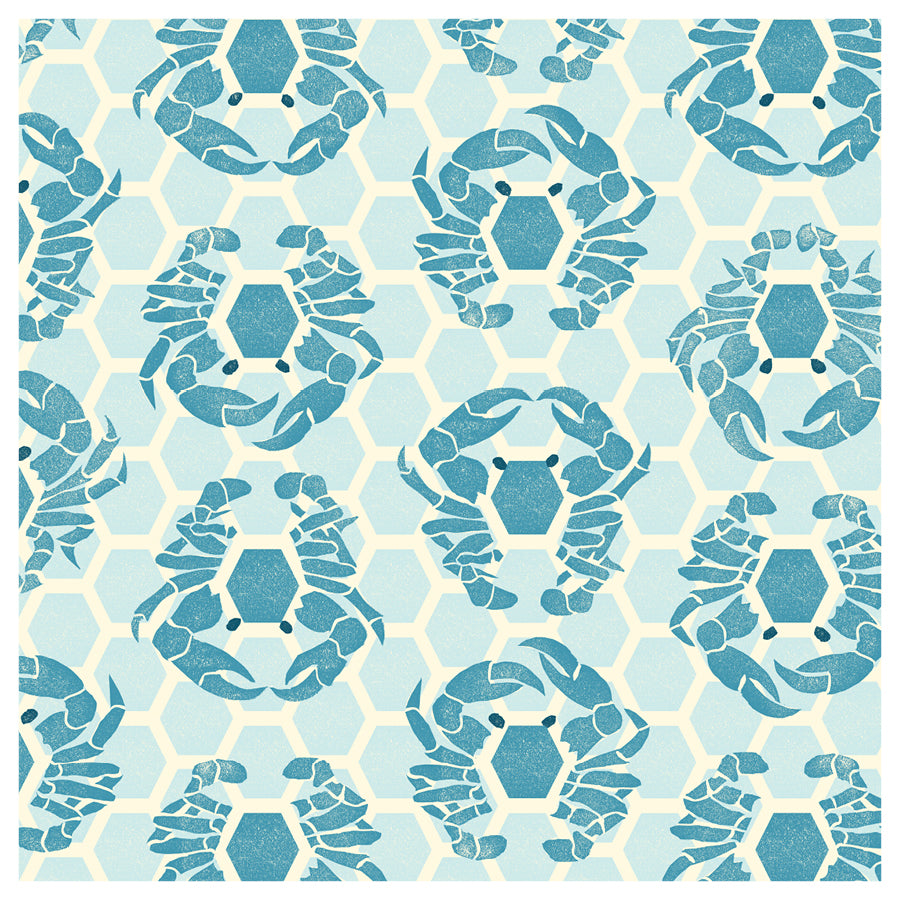 Pattern of blue crabs on a light blue background