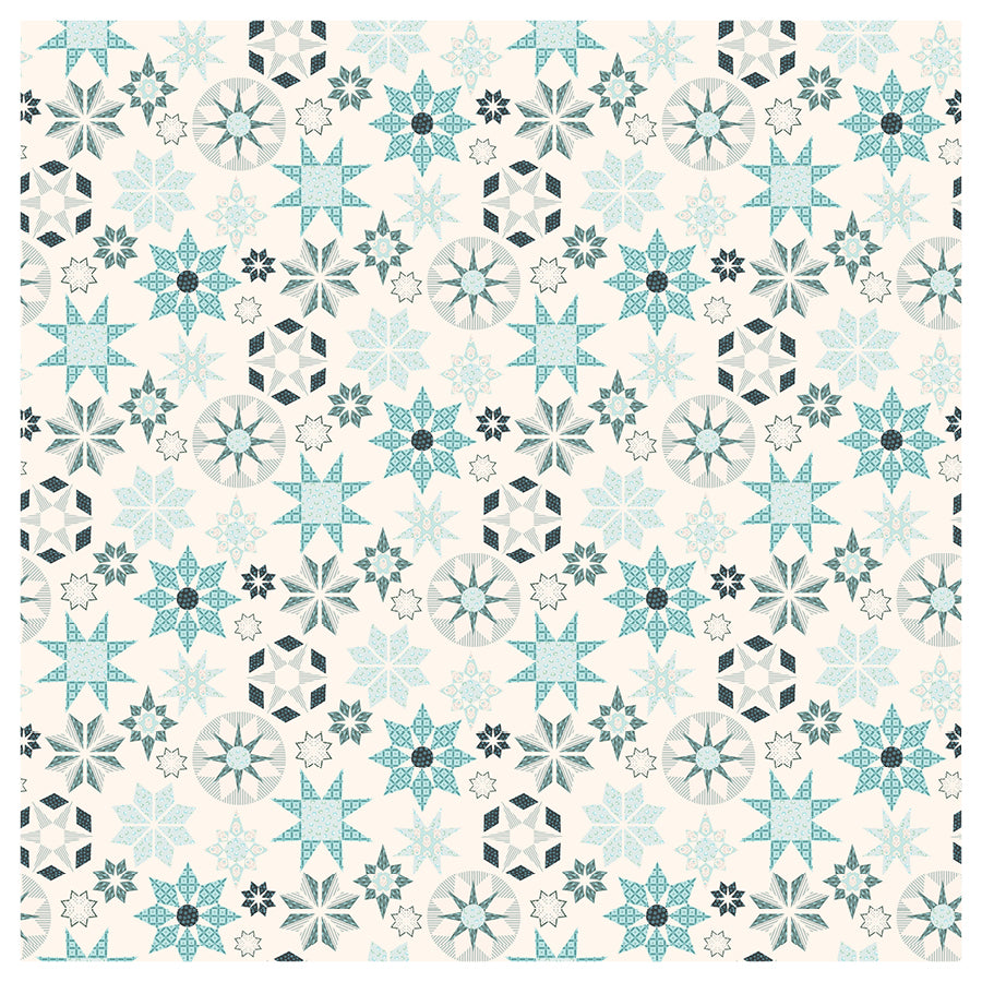 Pattern of geometric shapes in blue, black, and gray on a white background