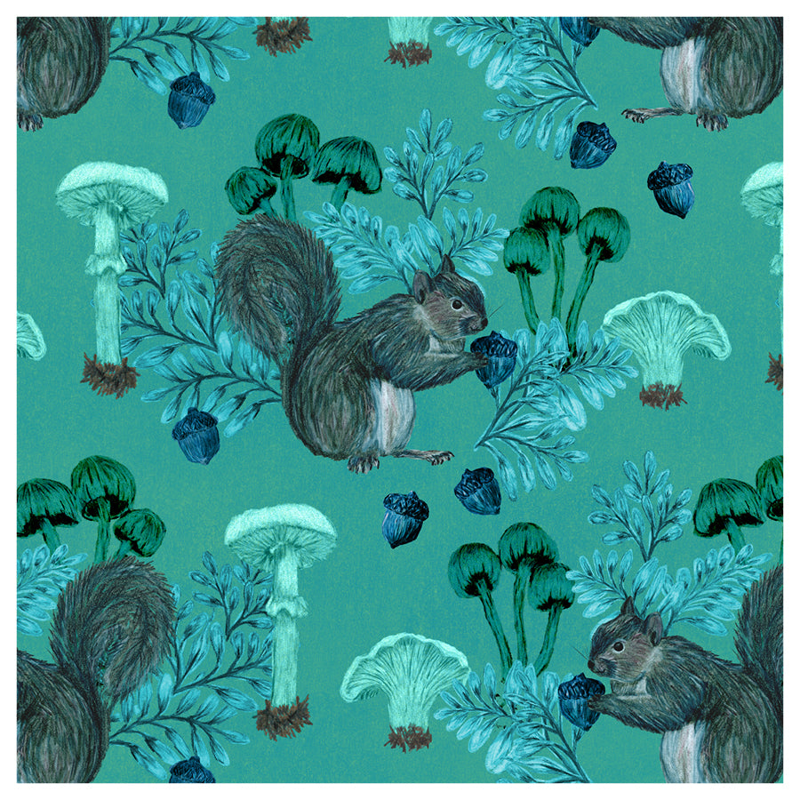 Patterned fabric with squirrels, mushrooms, and foliage on a teal background