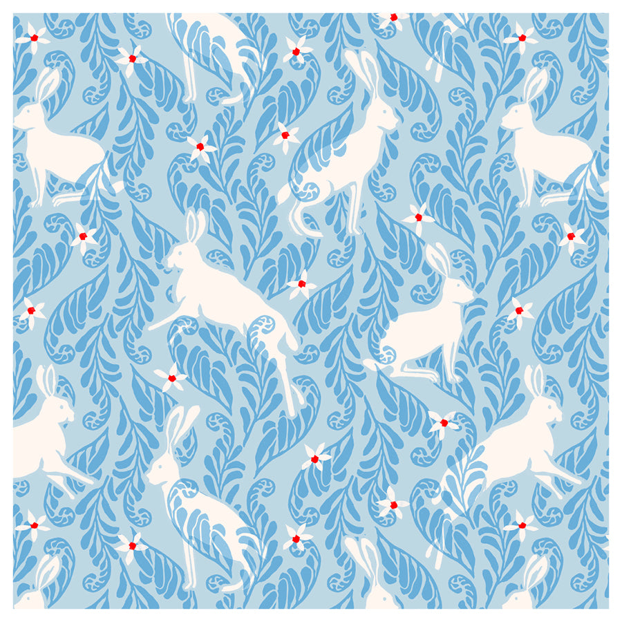 Pattern of white rabbits and blue foliage on a light blue background