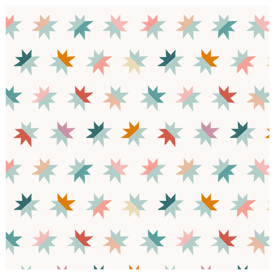 Pattern of colorful star shapes on a white background