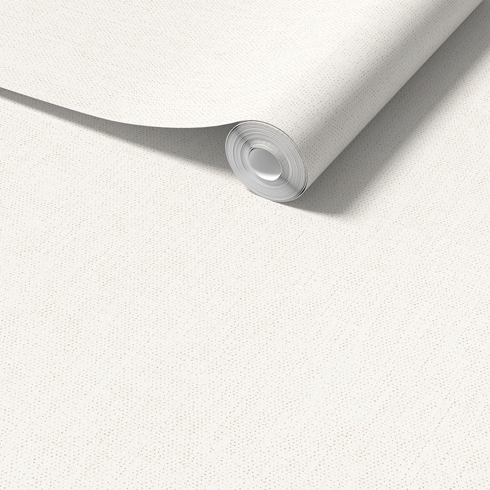A roll of light beige wallpaper with a subtle paper textured pattern, shown partially unrolled over a matching flat surface.