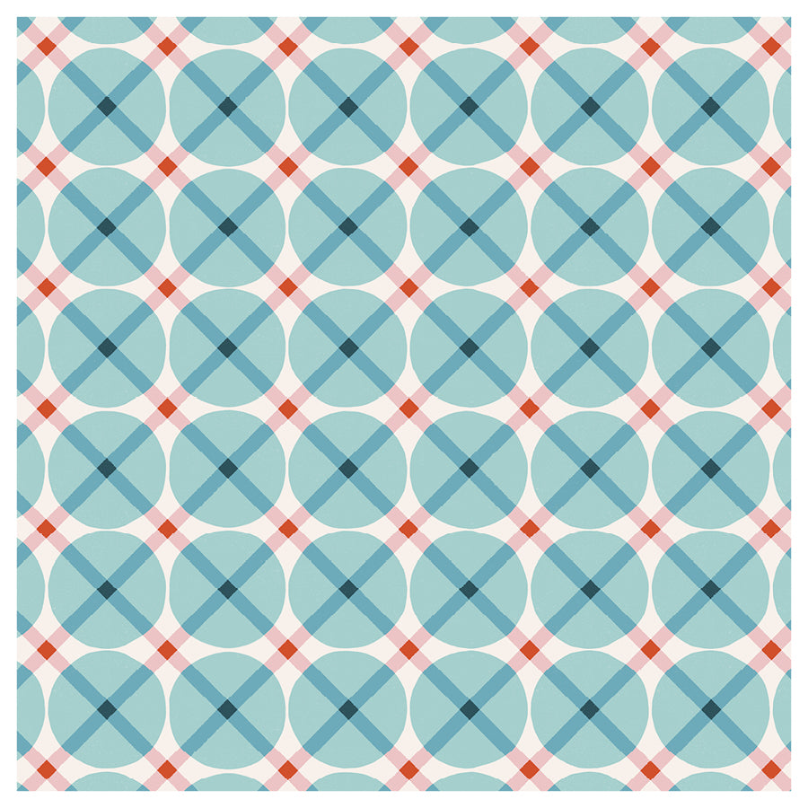 Pattern of blue circles with red and orange accents on a white background