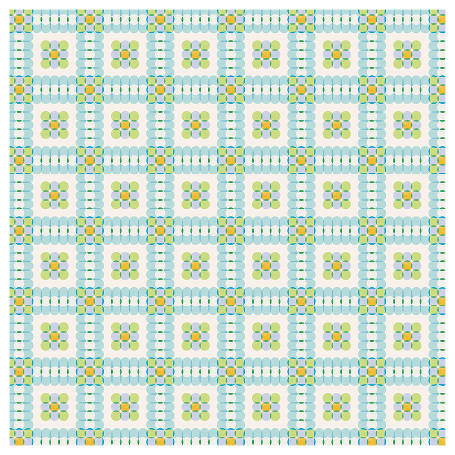 Patterned fabric with a grid of small squares in green, blue, and yellow.